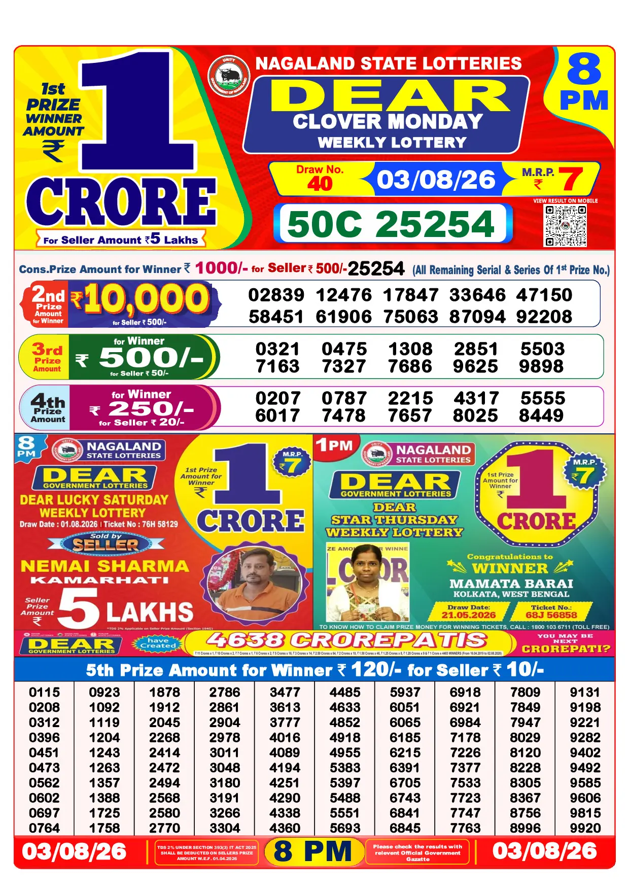 Official Lottery Sambad 8PM CLOVER MONDAY result sheet for 3 August 2026