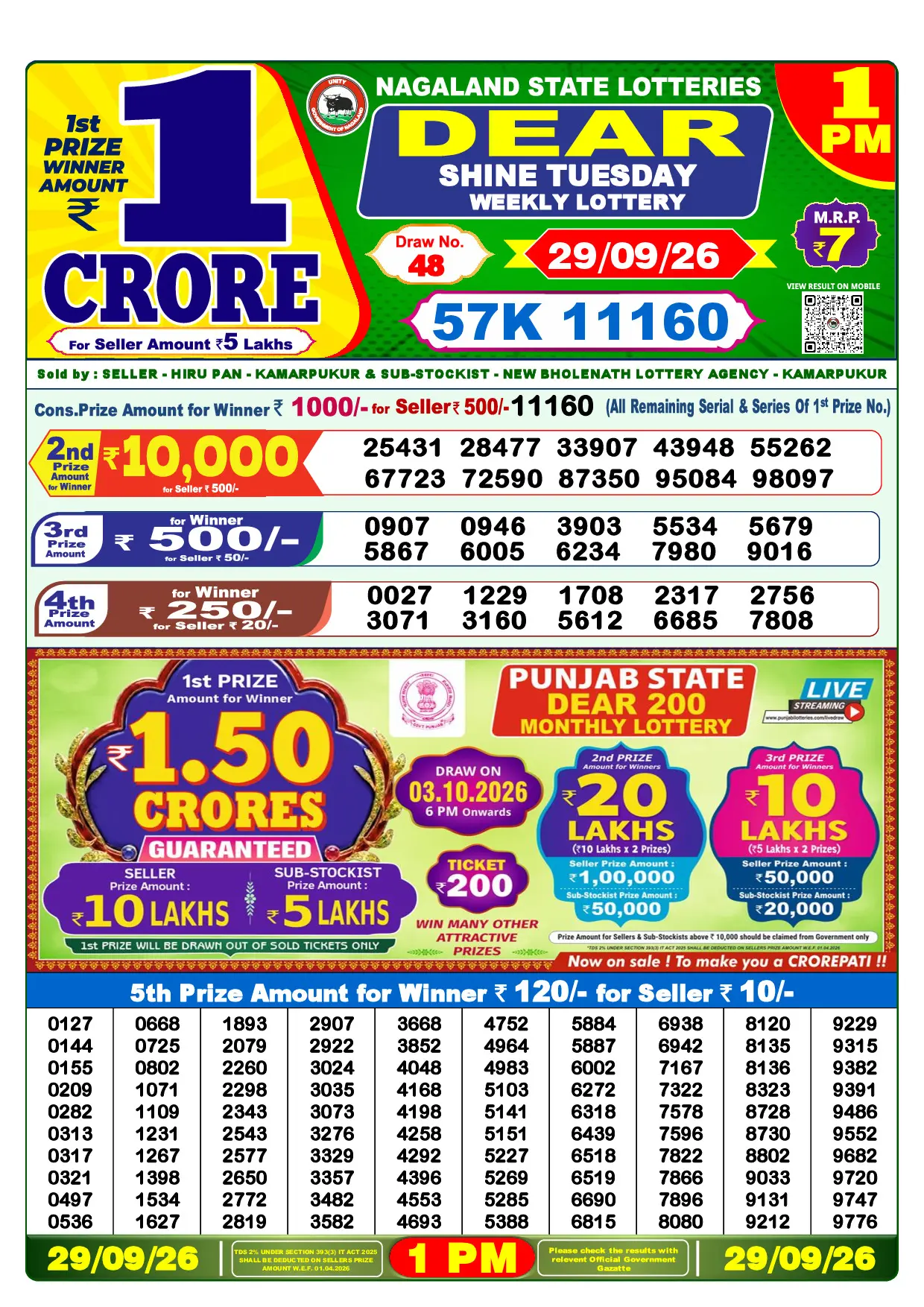 Official Lottery Sambad 1PM SHINE TUESDAY result sheet for 29 September 2026