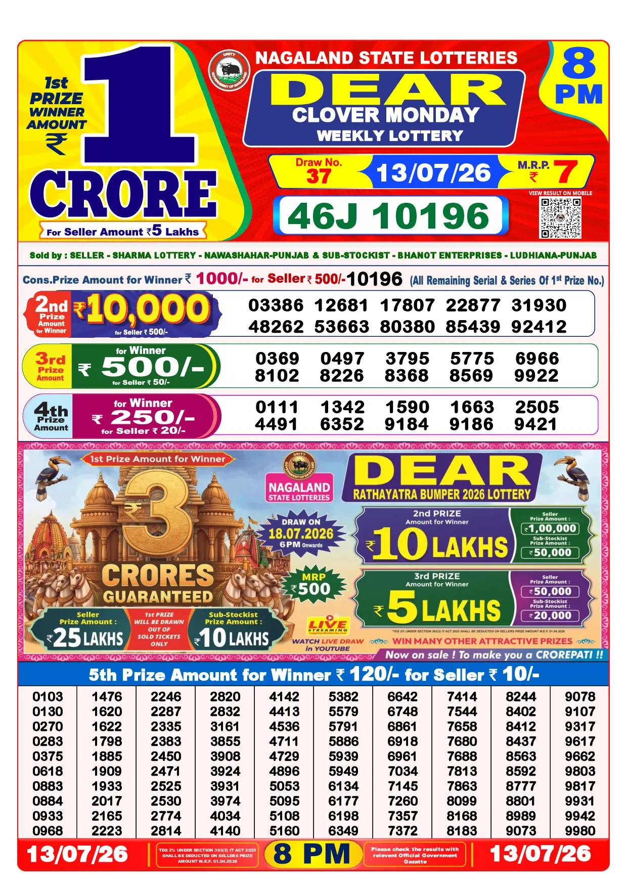 Official Lottery Sambad 8PM CLOVER MONDAY result sheet for 13 July 2026