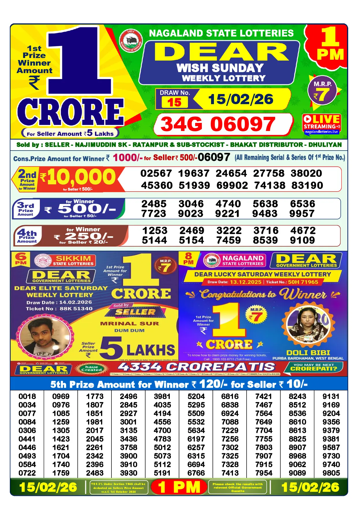 Official Lottery Sambad 1PM WISH SUNDAY result sheet for 15 February 2026