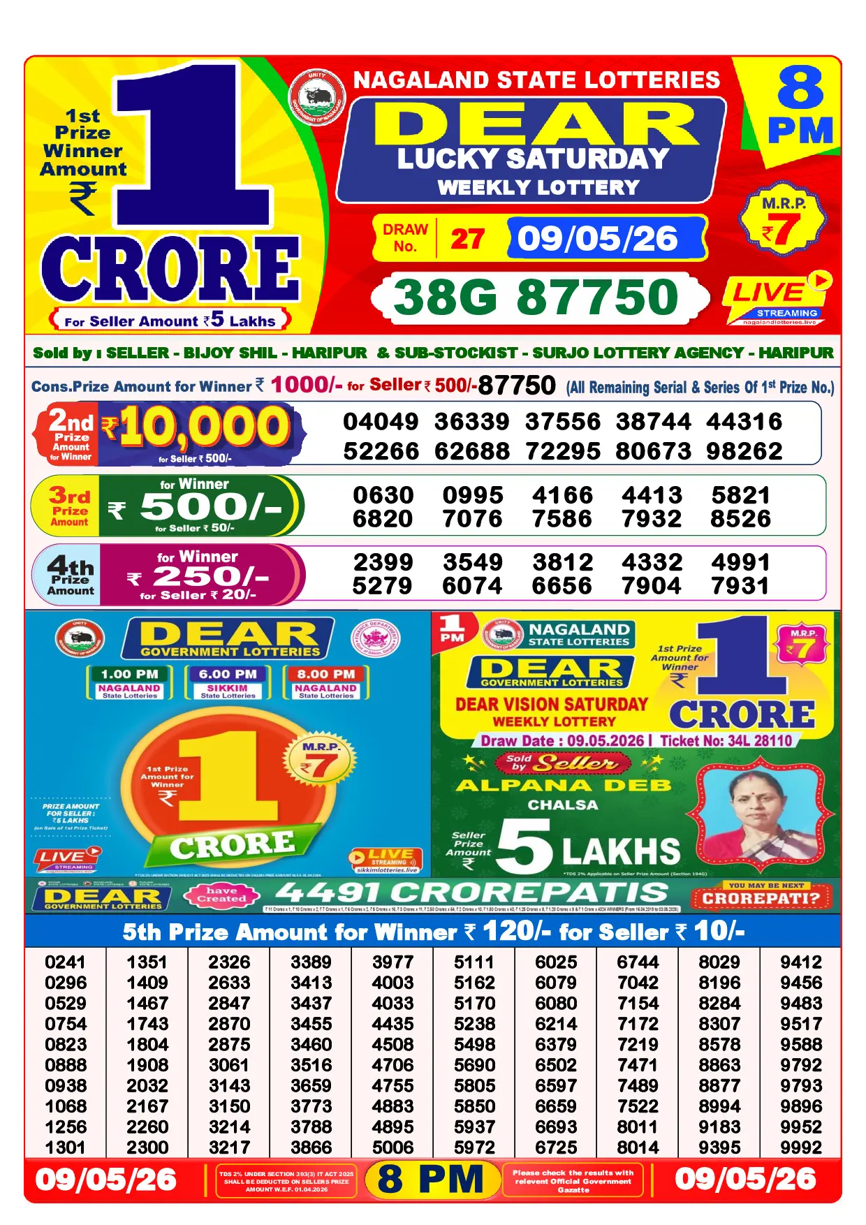 Official Lottery Sambad 8PM LUCKY SATURDAY result sheet for 9 May 2026