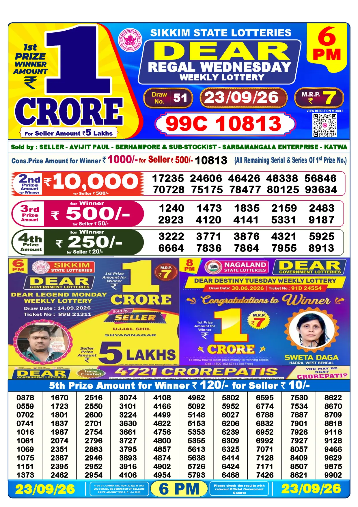 Official Lottery Sambad 6PM REGAL WEDNESDAY result sheet for 23 September 2026