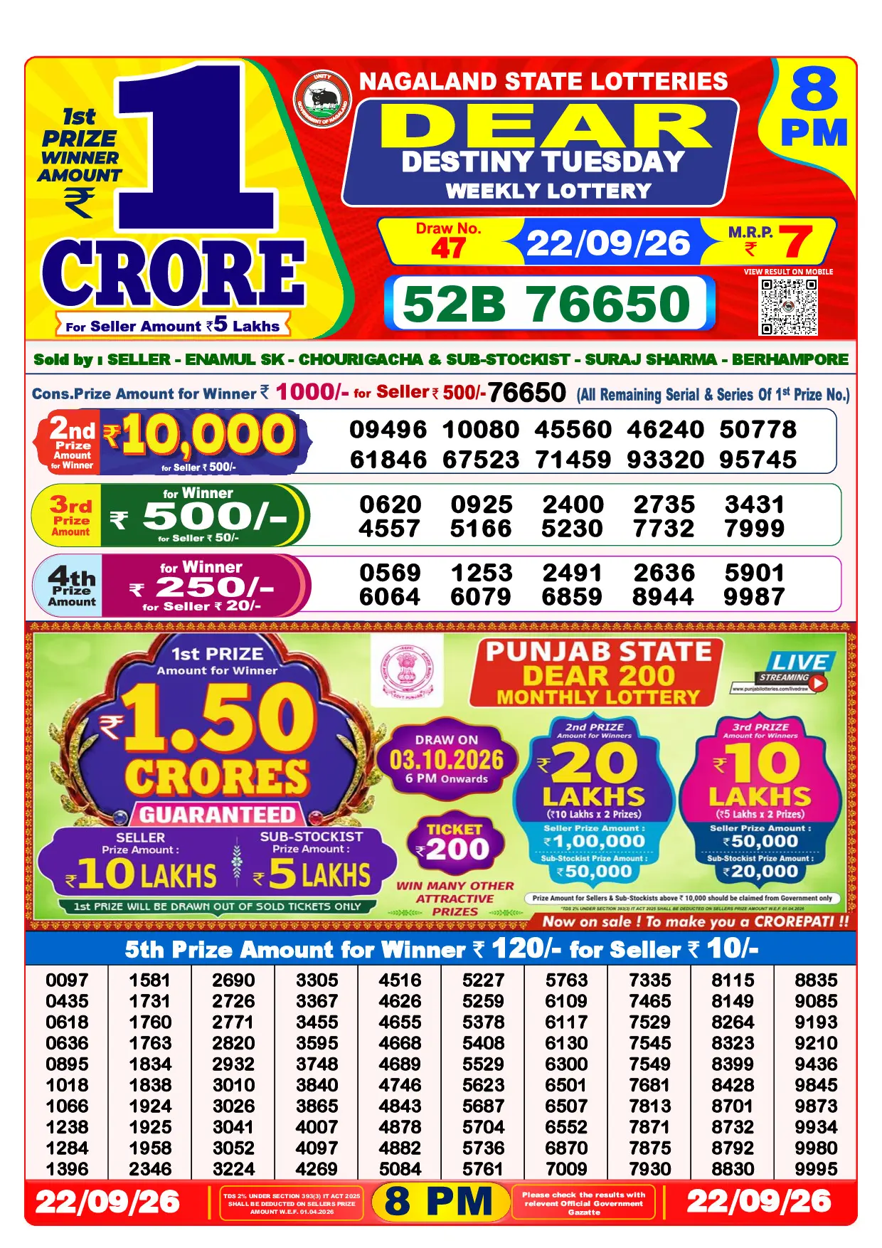 Official Lottery Sambad 8PM DESTINY TUESDAY result sheet for 22 September 2026