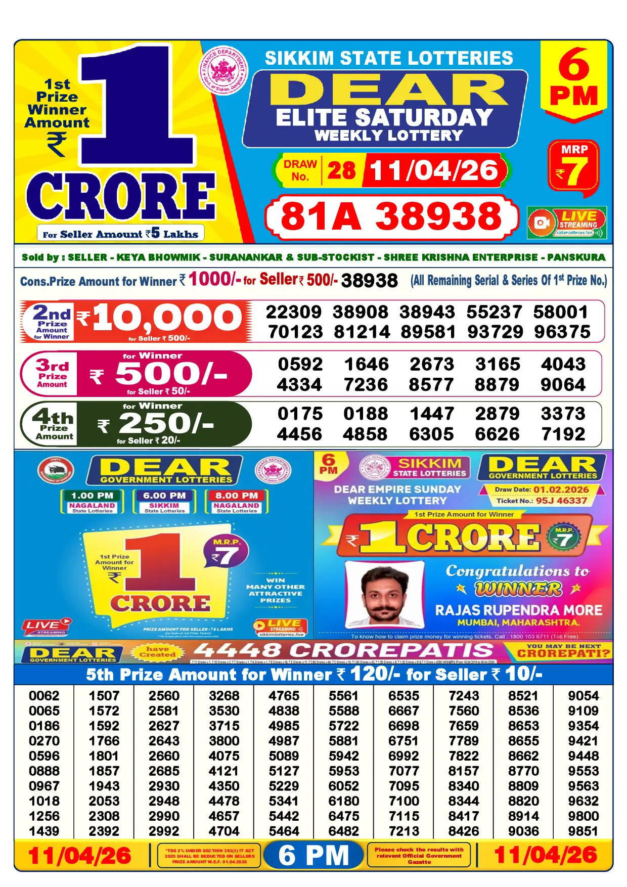 Official Lottery Sambad 6PM ELITE SATURDAY result sheet for 11 April 2026