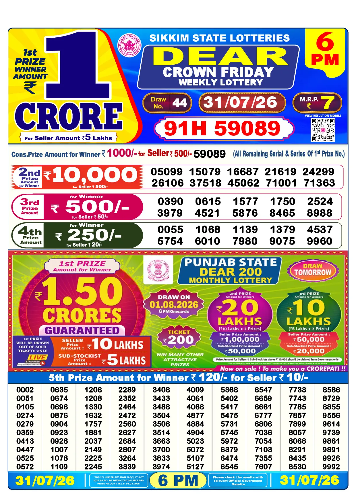 Official Lottery Sambad 6PM CROWN FRIDAY result sheet for 31 July 2026