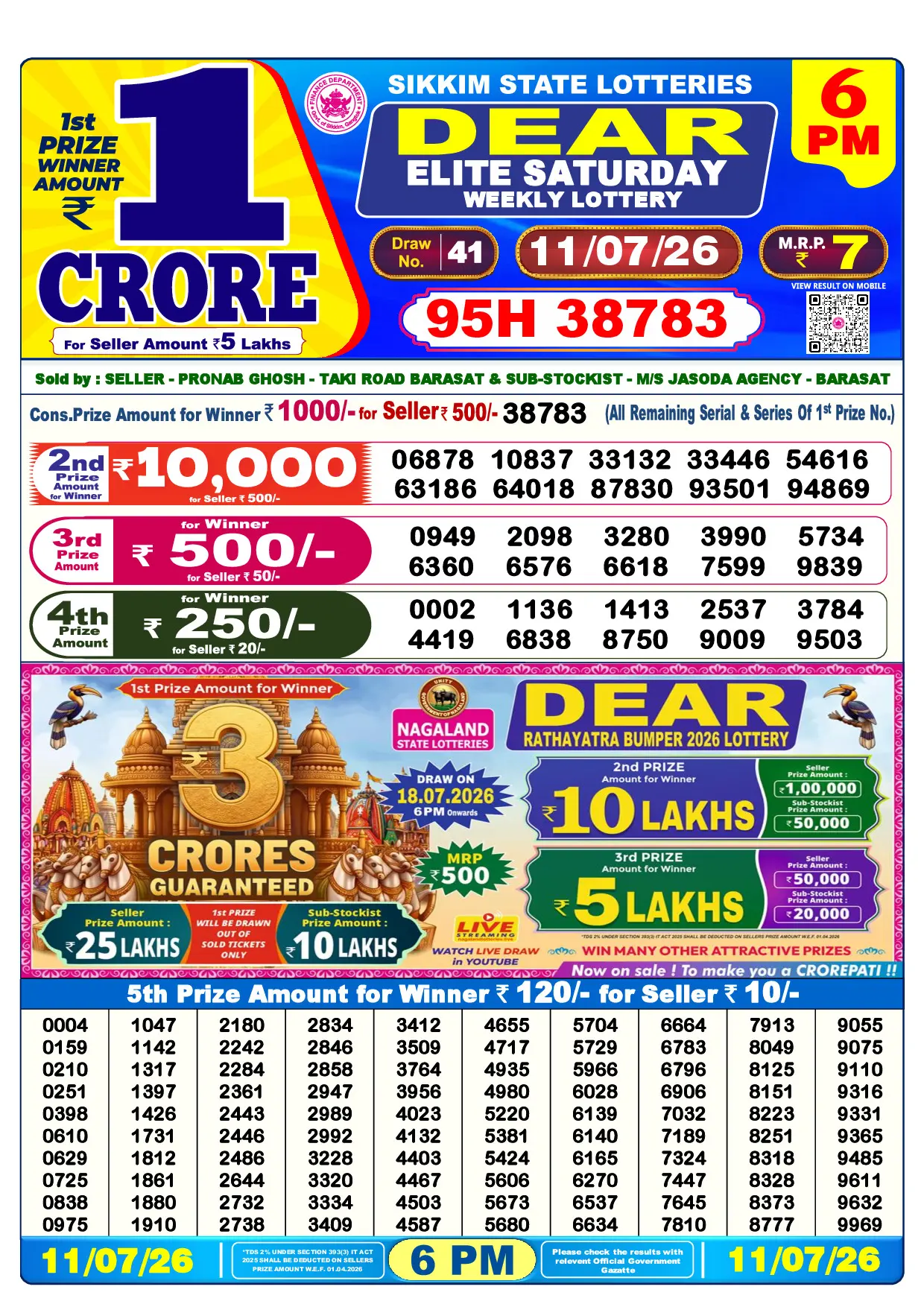 Official Lottery Sambad 6PM ELITE SATURDAY result sheet for 11 July 2026