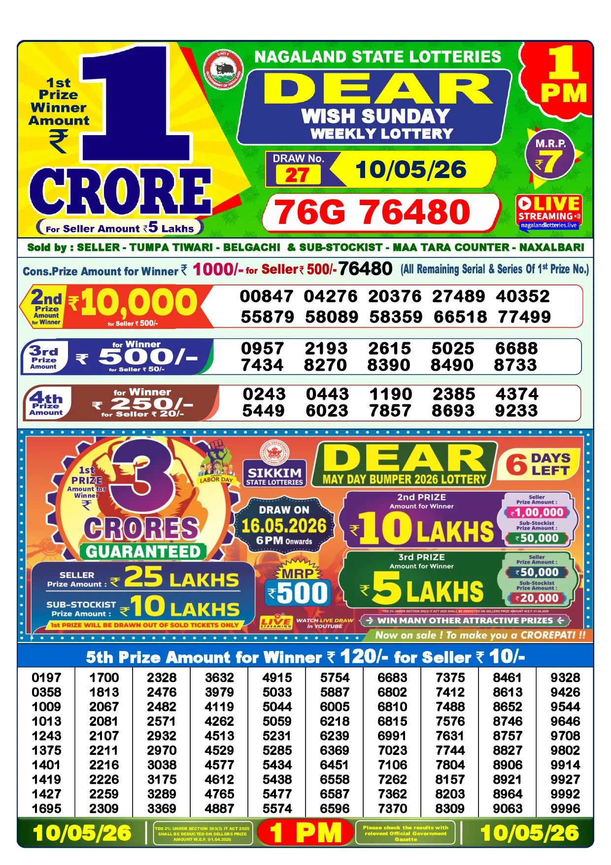 Official Lottery Sambad 1PM WISH SUNDAY result sheet for 10 May 2026