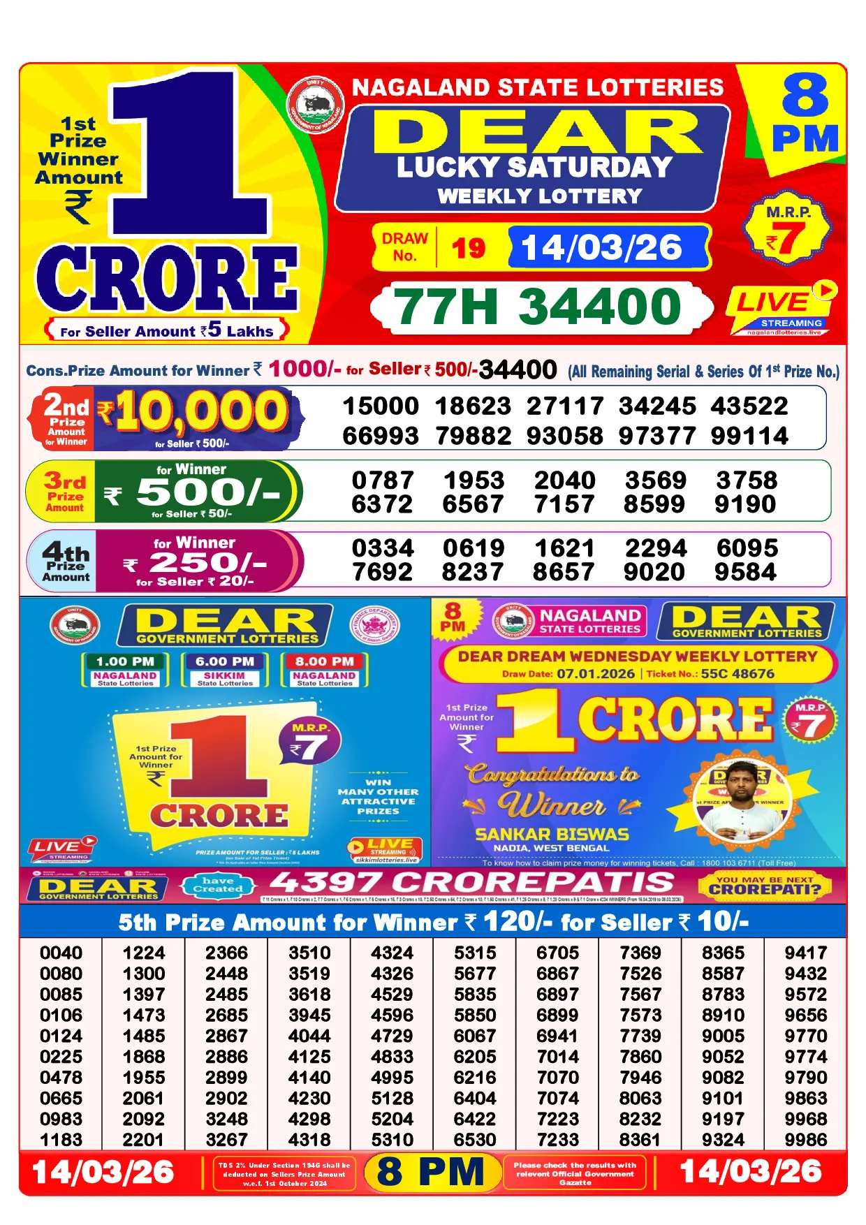 Official Lottery Sambad 8PM LUCKY SATURDAY result sheet for 14 March 2026