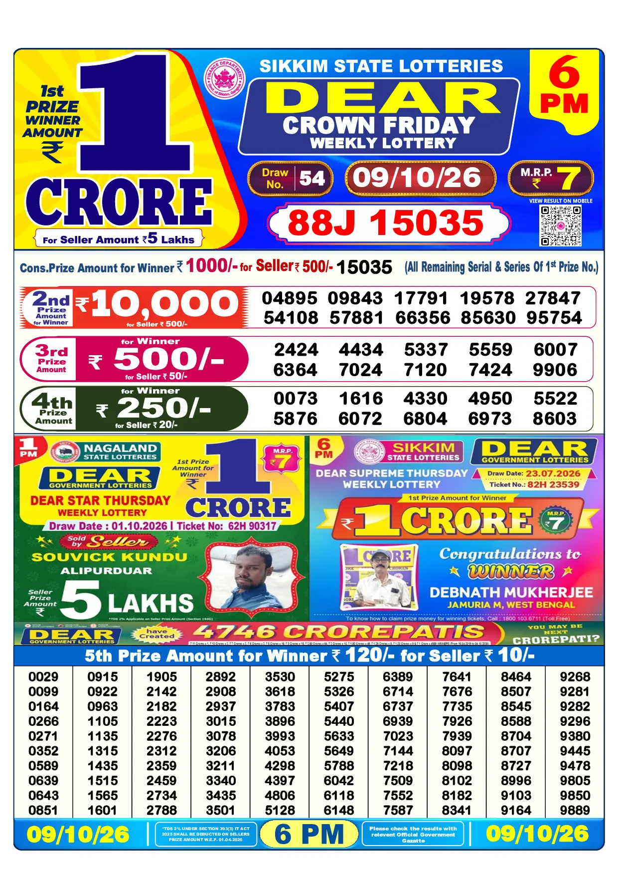 Official Lottery Sambad 6PM CROWN FRIDAY result sheet for 9 October 2026