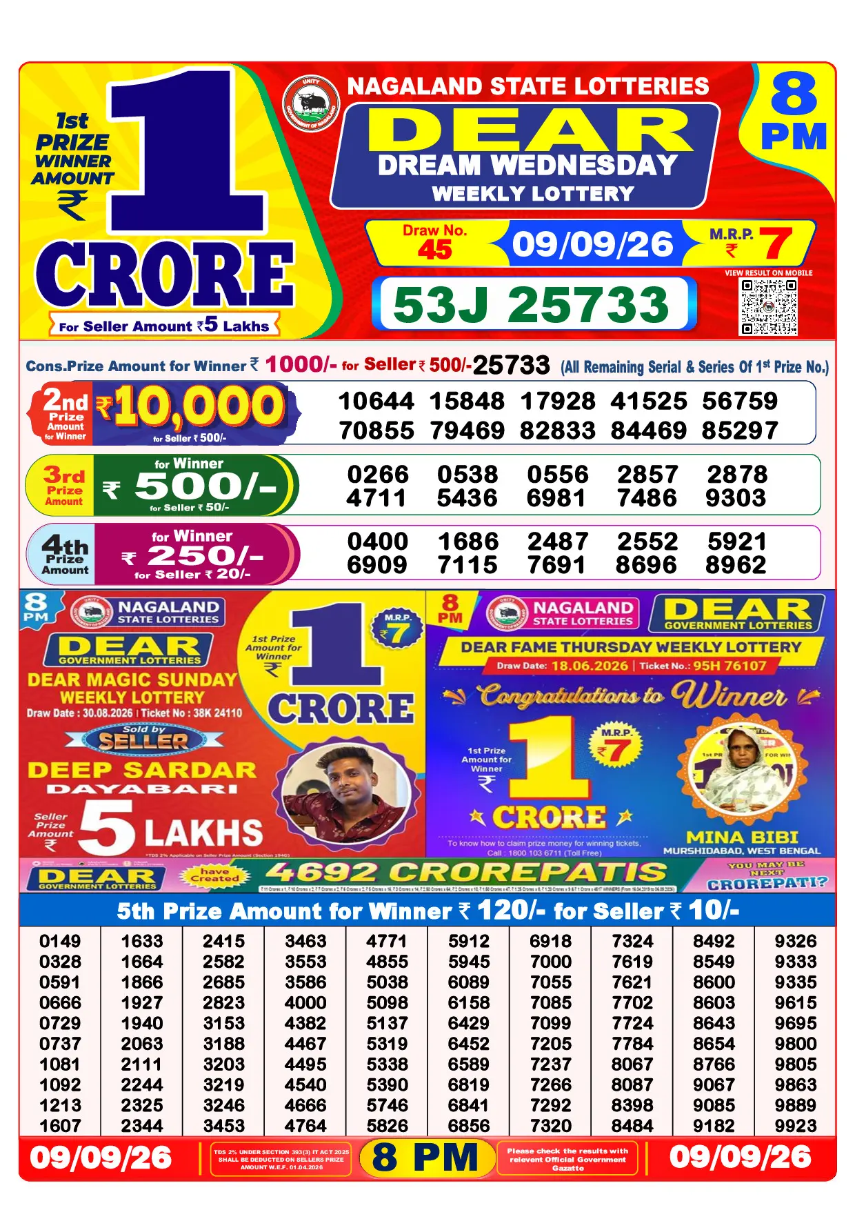 Official Lottery Sambad 8PM DREAM WEDNESDAY result sheet for 9 September 2026