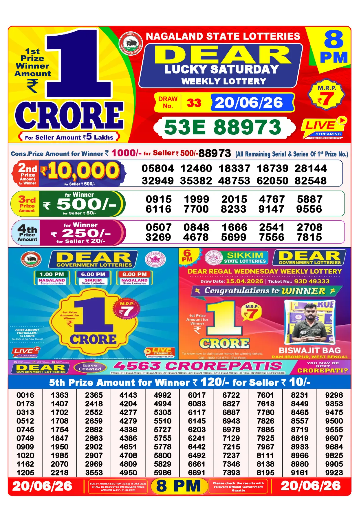 Official Lottery Sambad 8PM LUCKY SATURDAY result sheet for 20 June 2026