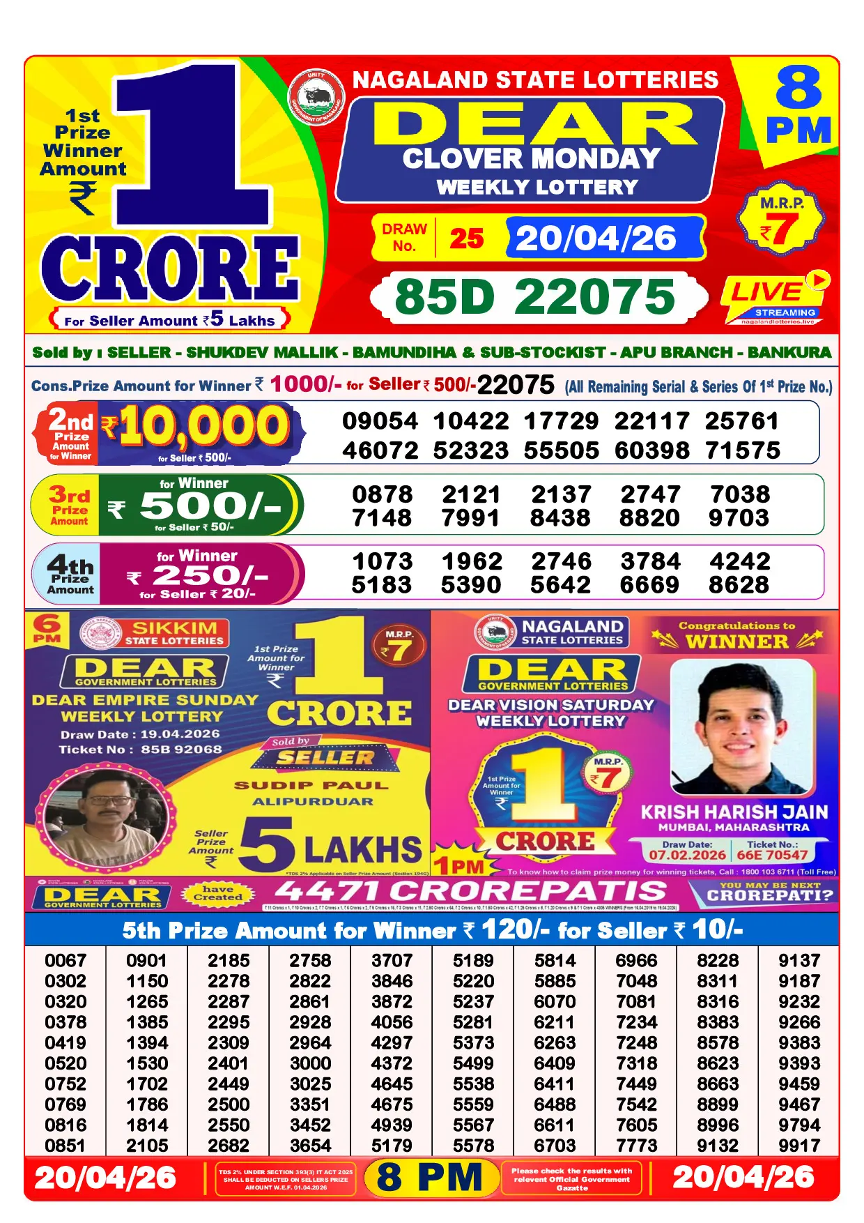 Official Lottery Sambad 8PM CLOVER MONDAY result sheet for 20 April 2026