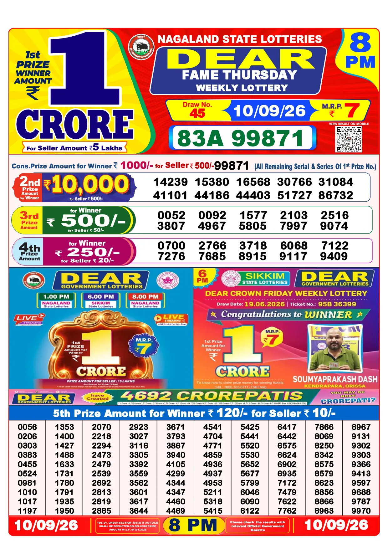 Official Lottery Sambad 8PM FAME THURSDAY result sheet for 10 September 2026