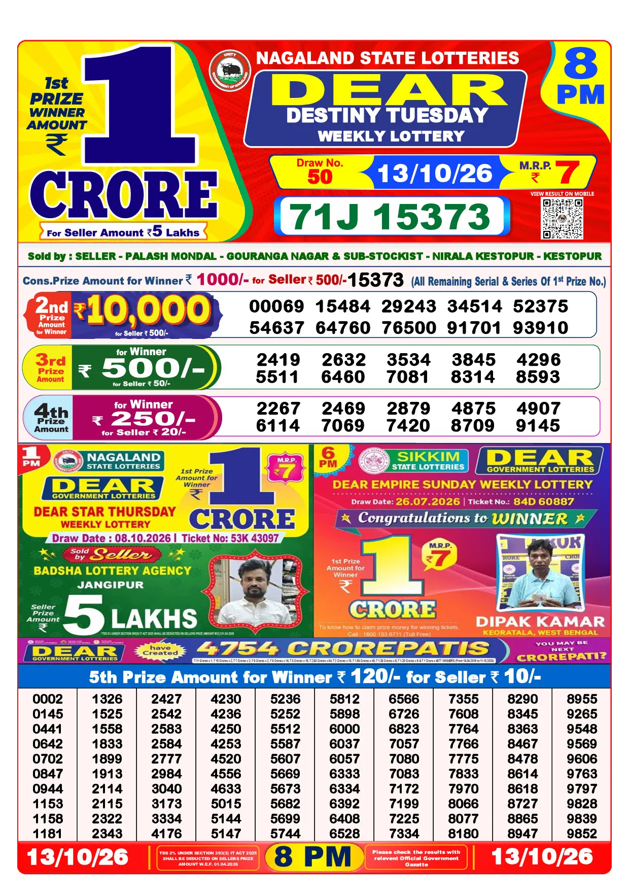 Official Lottery Sambad 8PM DESTINY TUESDAY result sheet for 13 October 2026