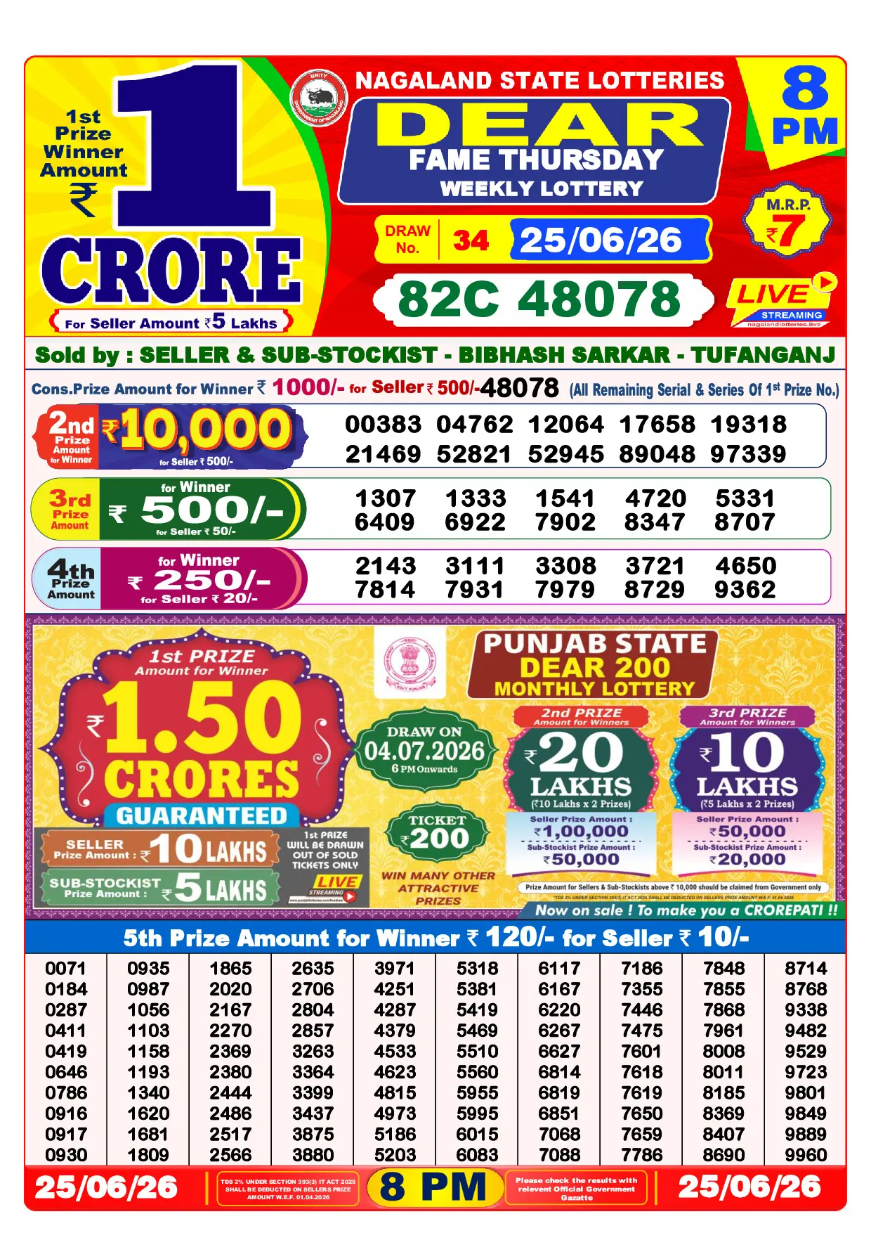 Official Lottery Sambad 8PM FAME THURSDAY result sheet for 25 June 2026