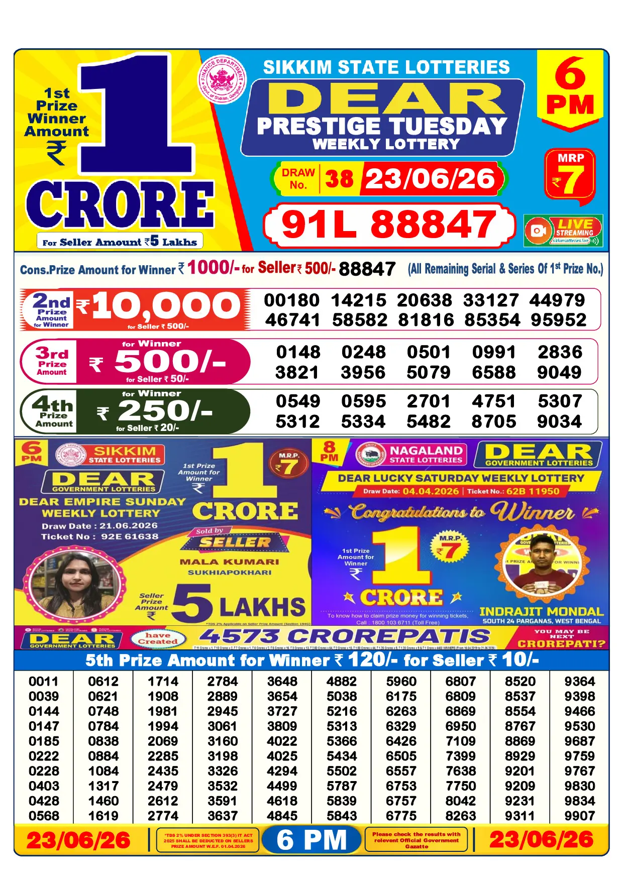 Official Lottery Sambad 6PM PRESTIGE TUESDAY result sheet for 23 June 2026