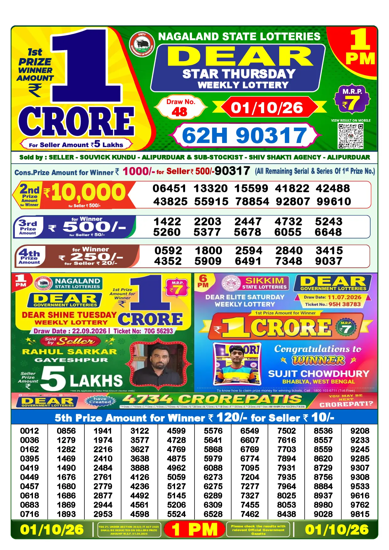 Official Lottery Sambad 1PM STAR THURSDAY result sheet for 1 October 2026