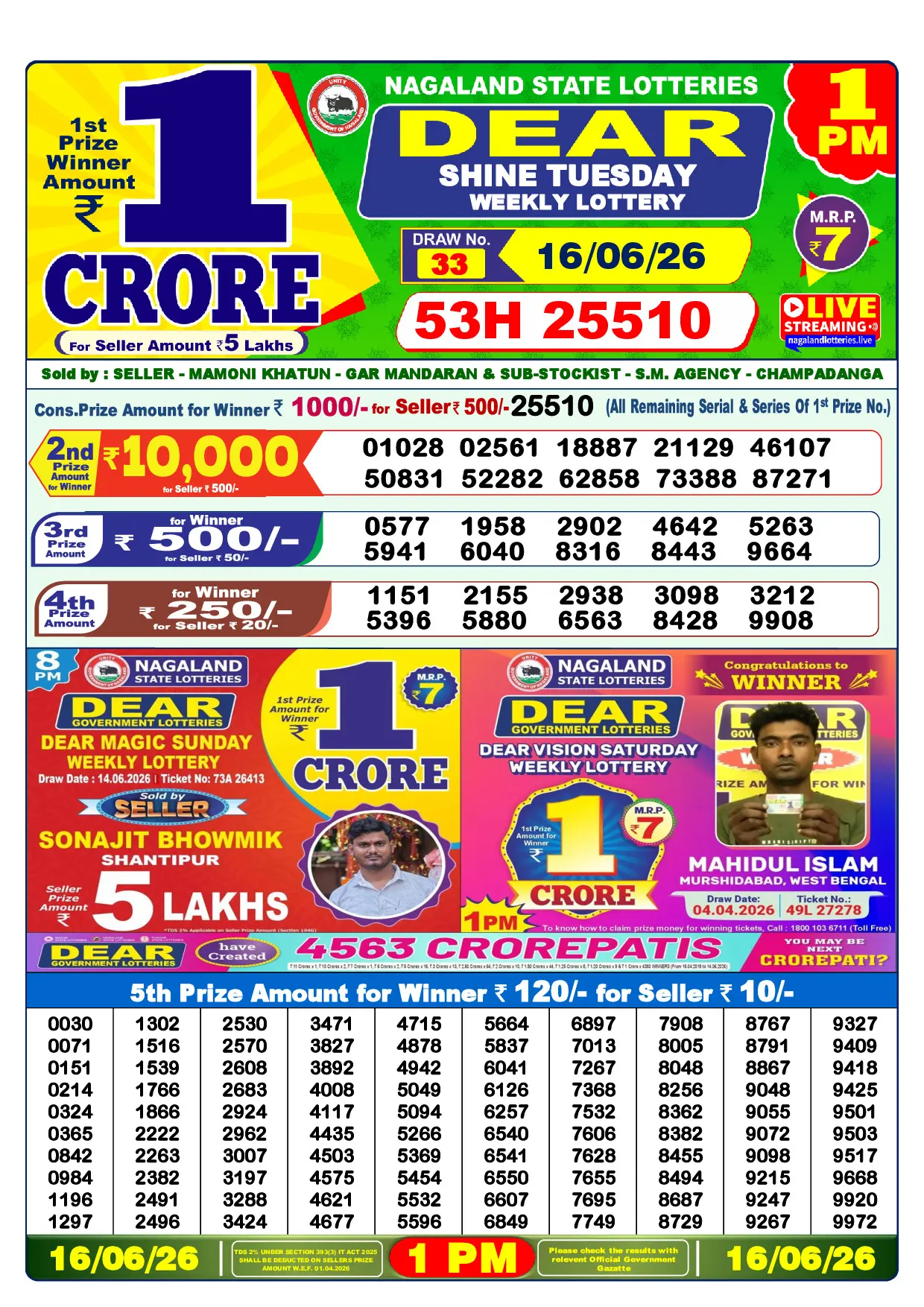Official Lottery Sambad 1PM SHINE TUESDAY result sheet for 16 June 2026