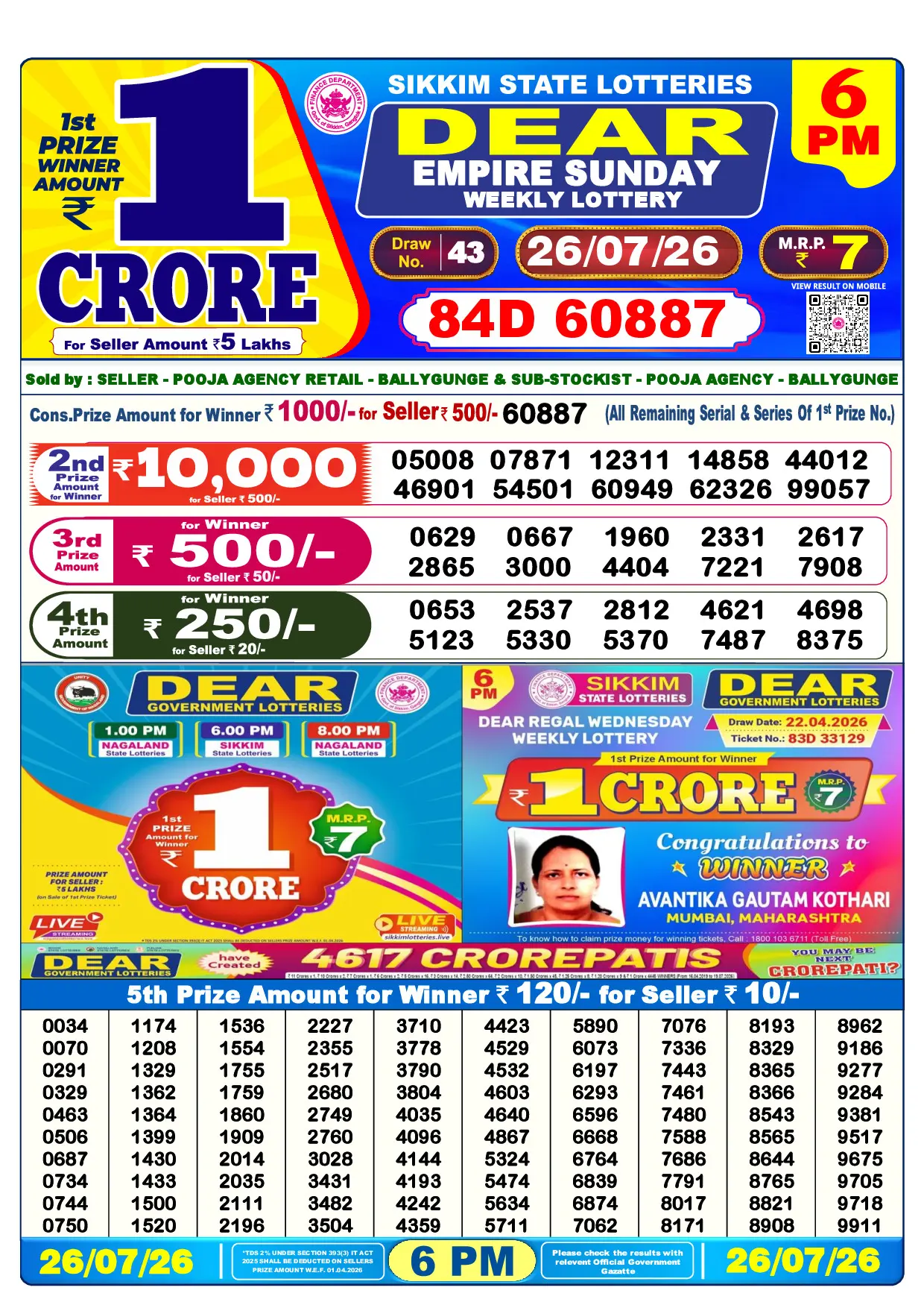 Official Lottery Sambad 6PM EMPIRE SUNDAY result sheet for 26 July 2026