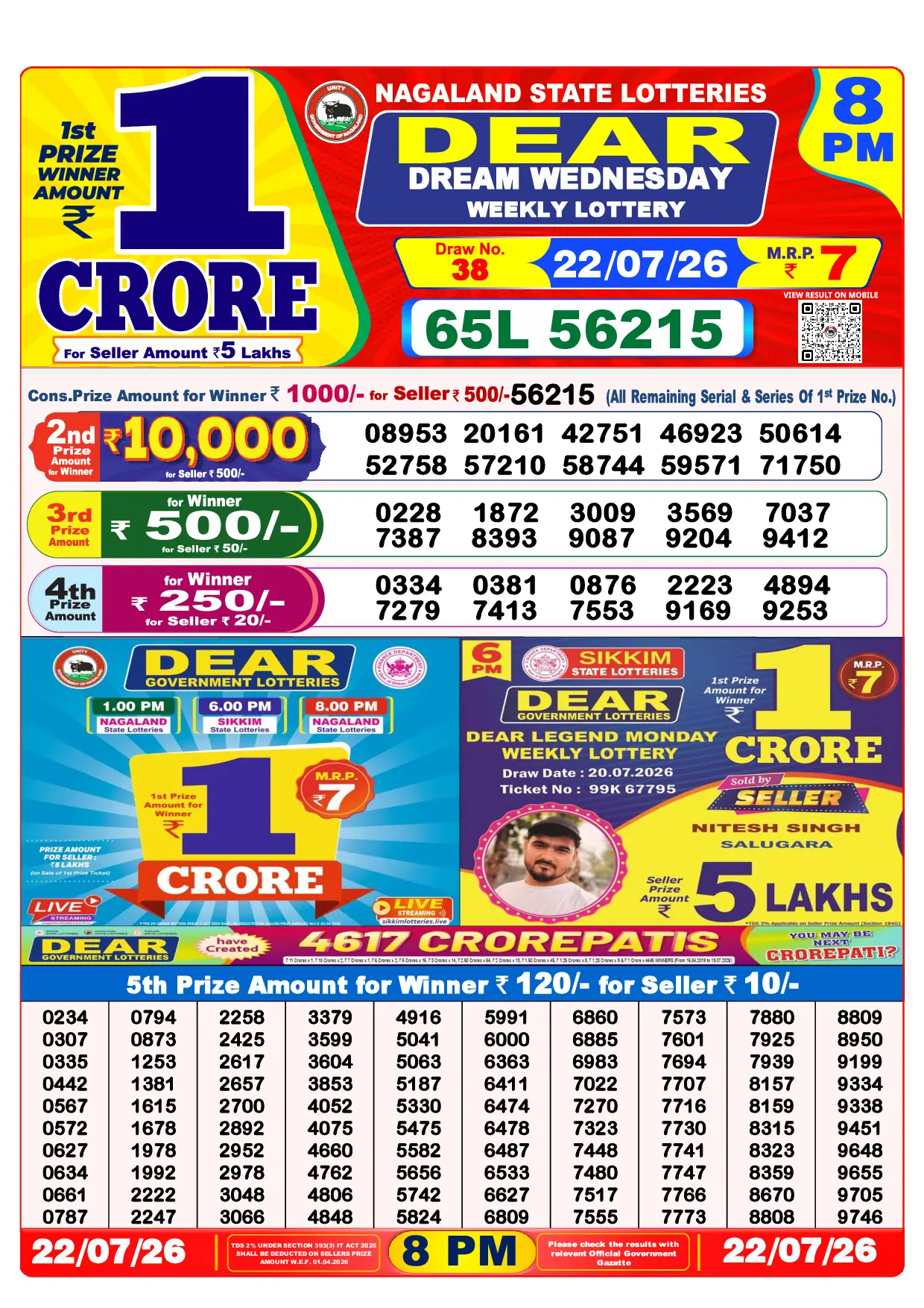 Official Lottery Sambad 8PM DREAM WEDNESDAY result sheet for 22 July 2026
