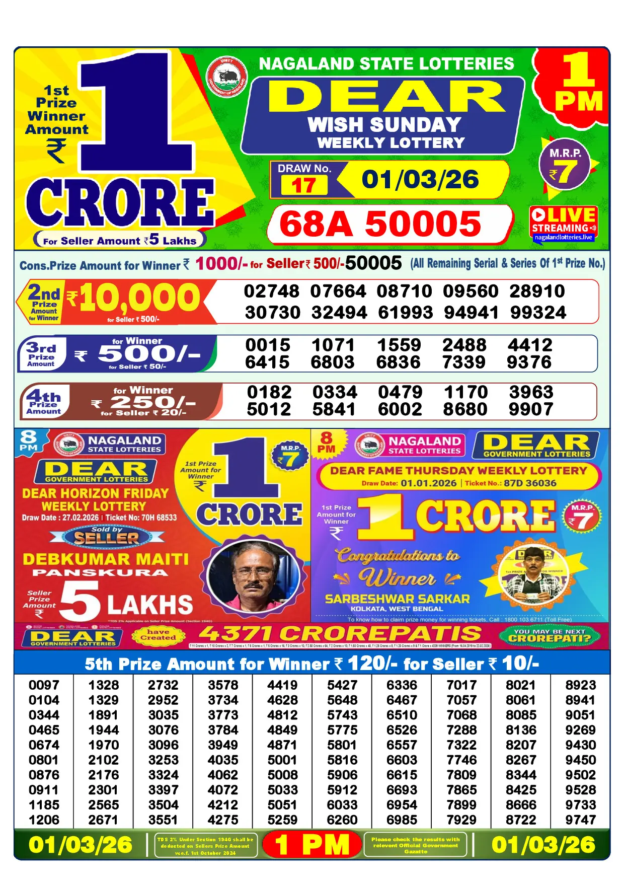 Official Lottery Sambad 1PM WISH SUNDAY result sheet for 1 March 2026
