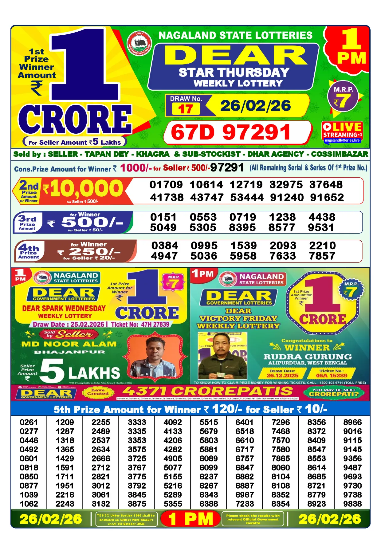 Official Lottery Sambad 1PM STAR THURSDAY result sheet for 26 February 2026