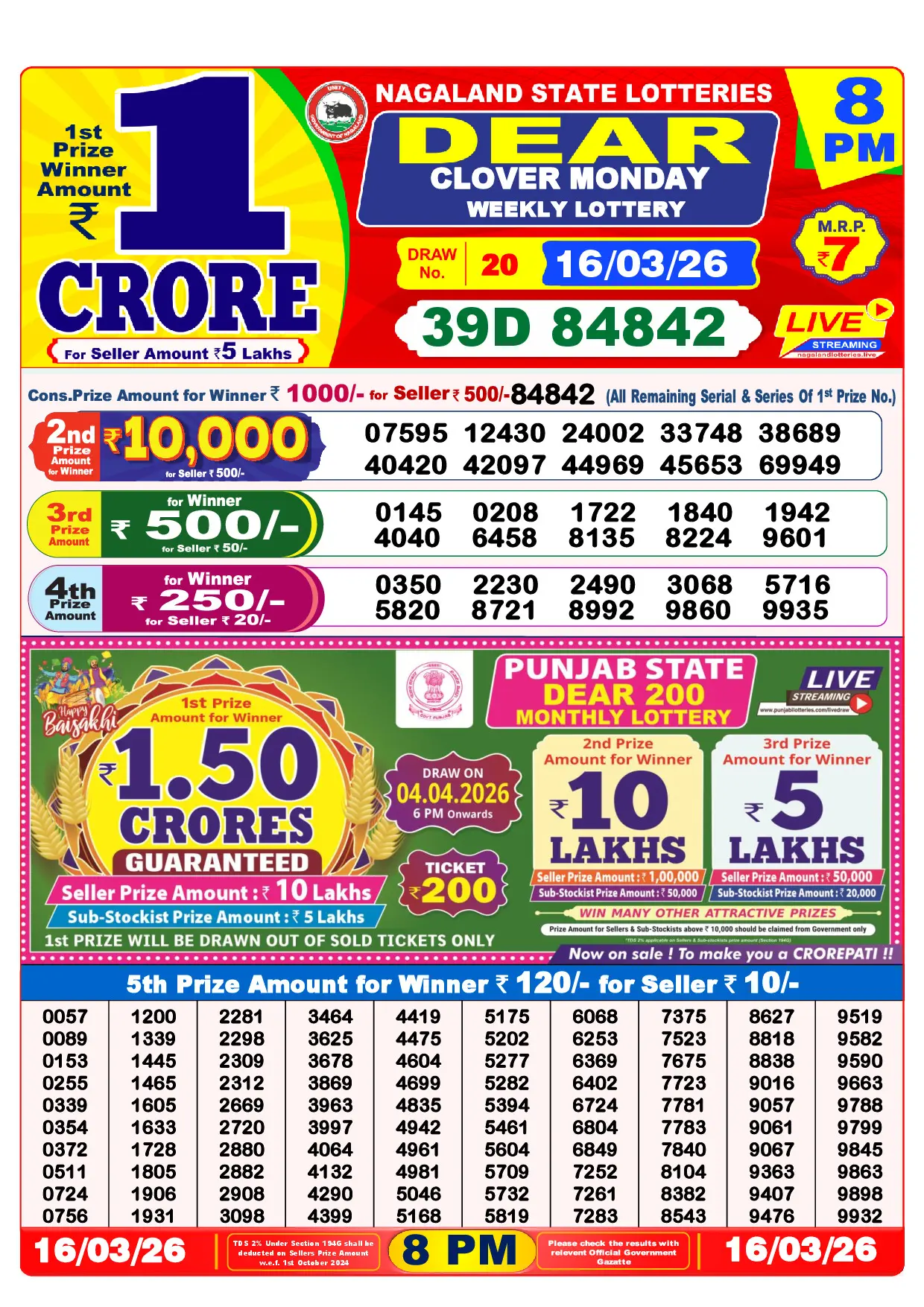 Official Lottery Sambad 8PM CLOVER MONDAY result sheet for 16 March 2026