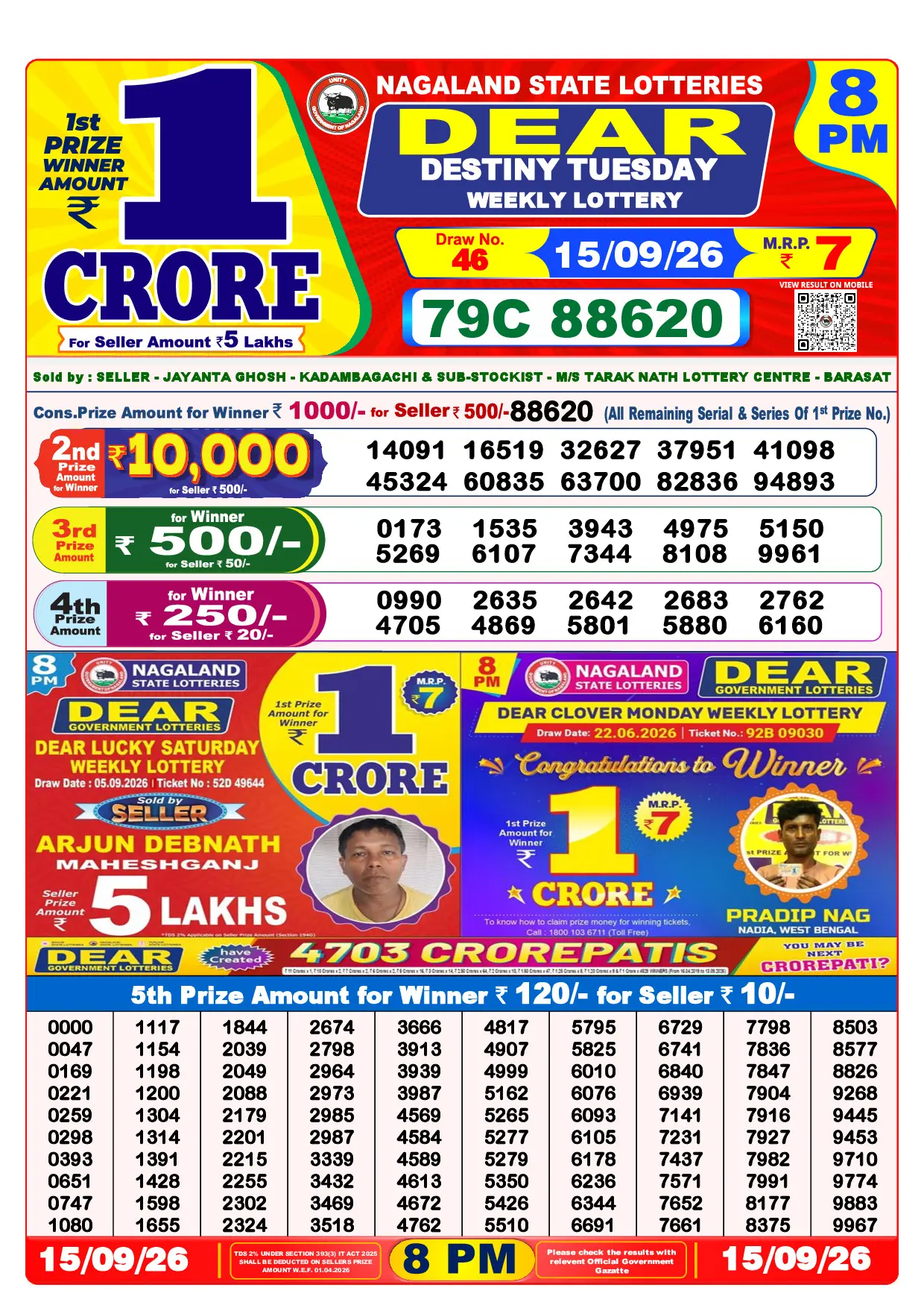 Official Lottery Sambad 8PM DESTINY TUESDAY result sheet for 15 September 2026