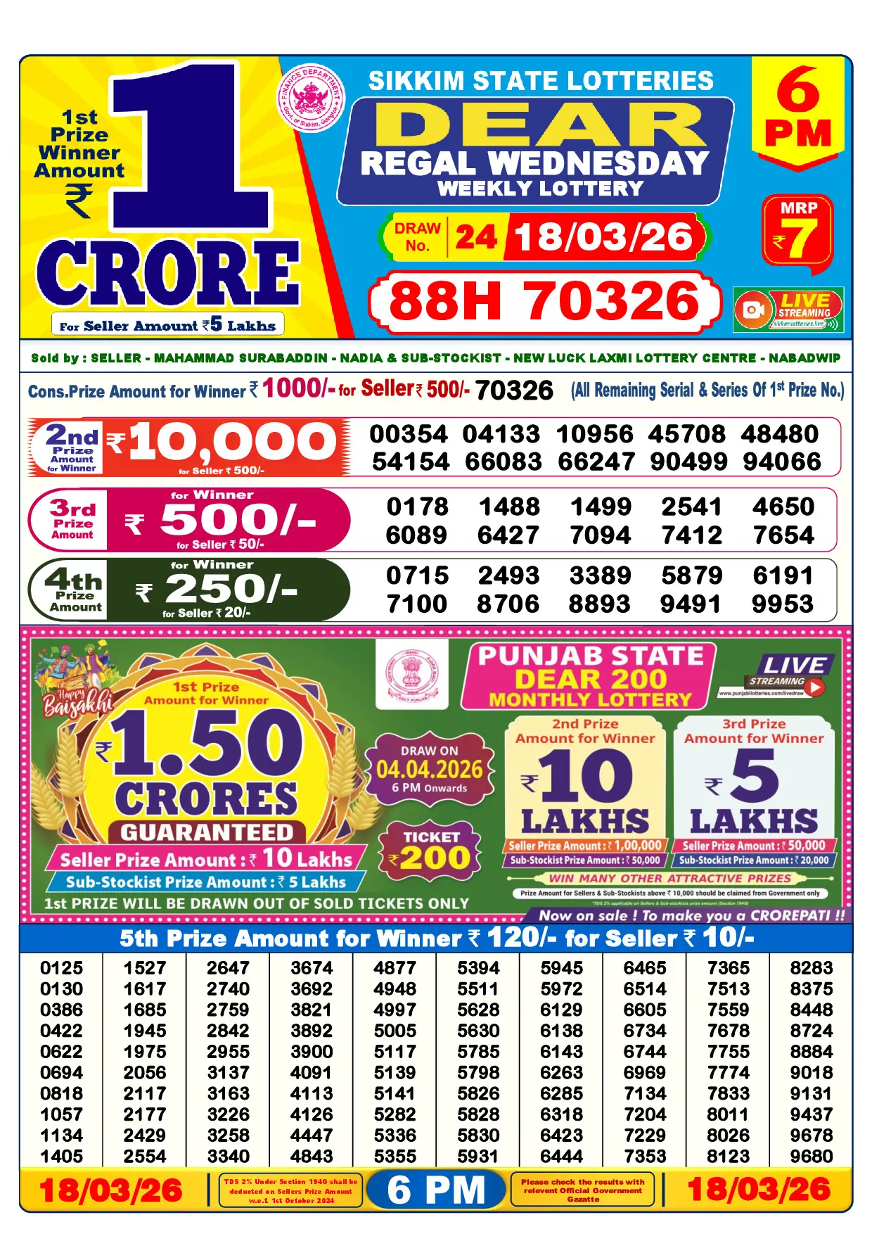 Official Lottery Sambad 6PM REGAL WEDNESDAY result sheet for 18 March 2026