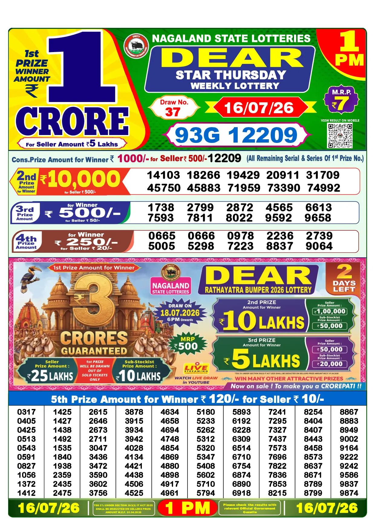 Official Lottery Sambad 1PM STAR THURSDAY result sheet for 16 July 2026