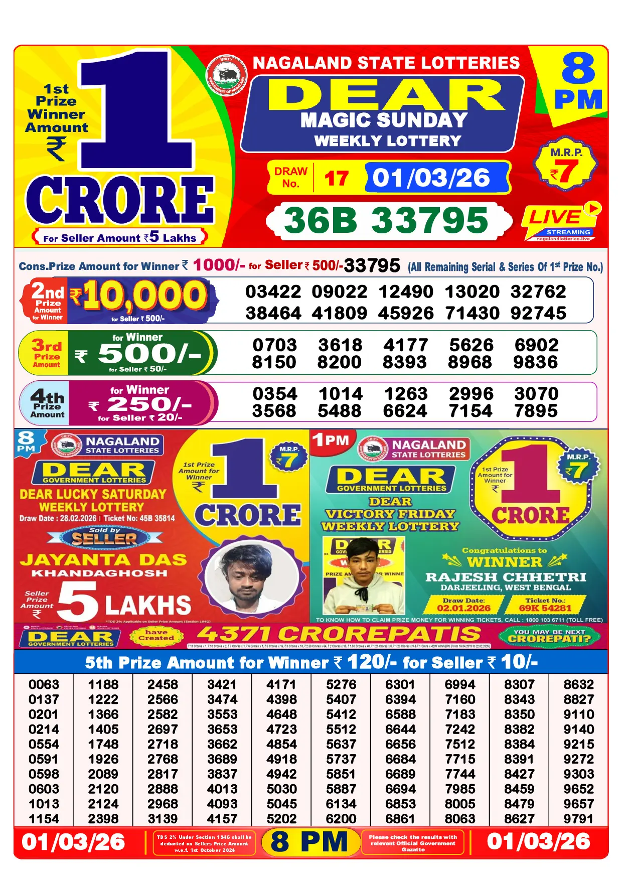 Official Lottery Sambad 8PM MAGIC SUNDAY result sheet for 1 March 2026
