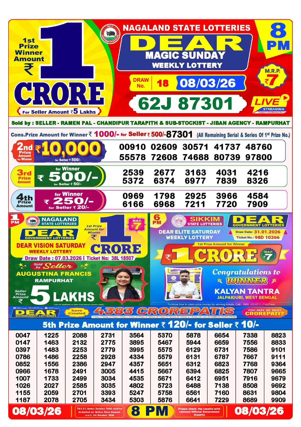 Official Lottery Sambad 8PM MAGIC SUNDAY result sheet for 8 March 2026