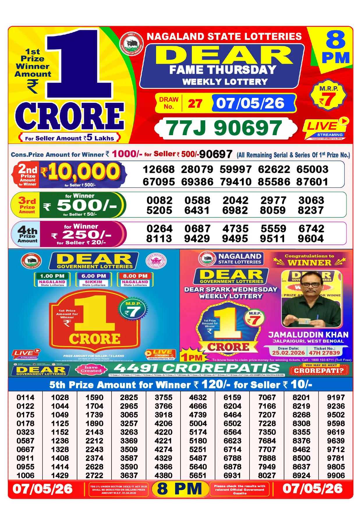 Official Lottery Sambad 8PM FAME THURSDAY result sheet for 7 May 2026
