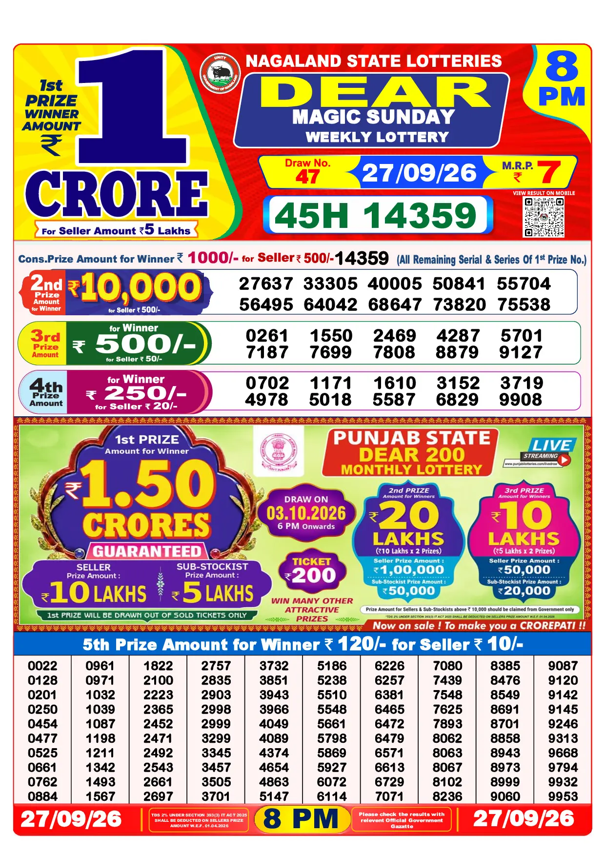 Official Lottery Sambad 8PM MAGIC SUNDAY result sheet for 27 September 2026