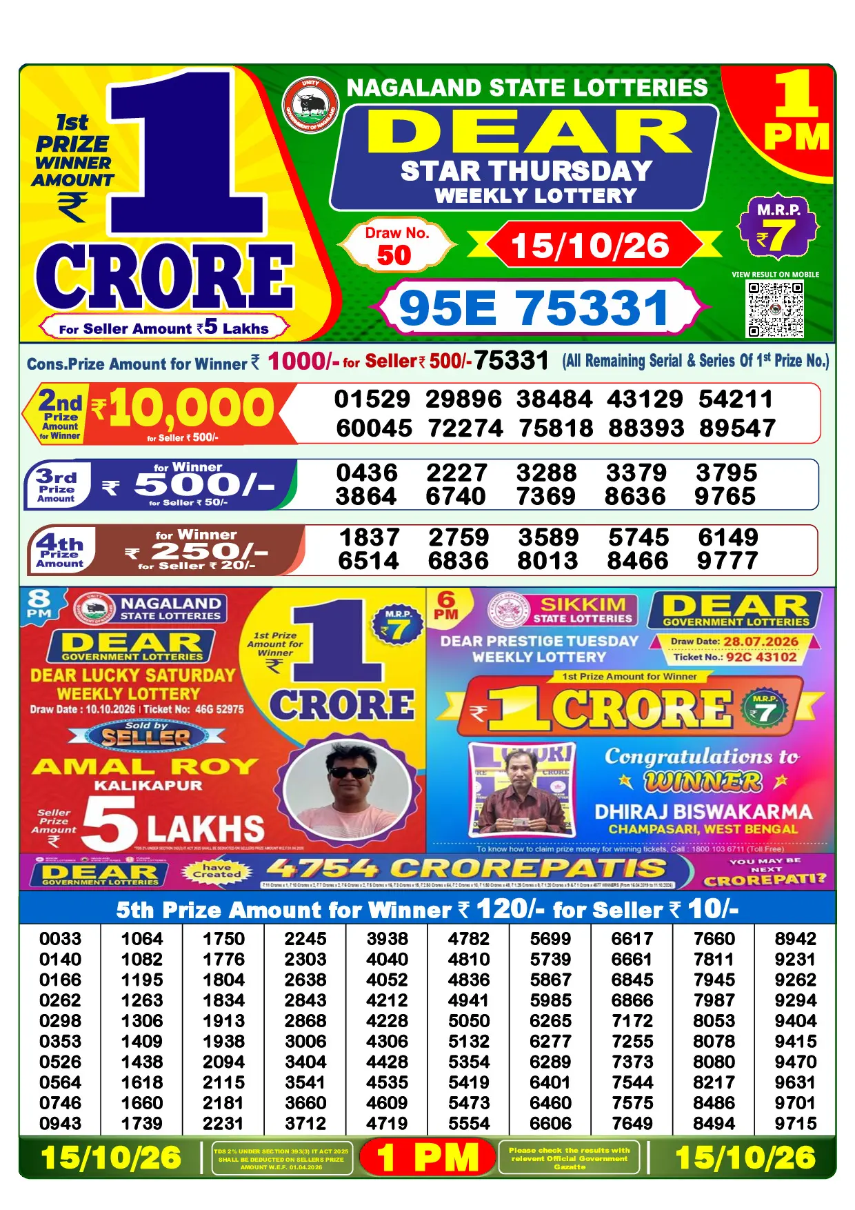 Official Lottery Sambad 1PM STAR THURSDAY result sheet for 15 October 2026