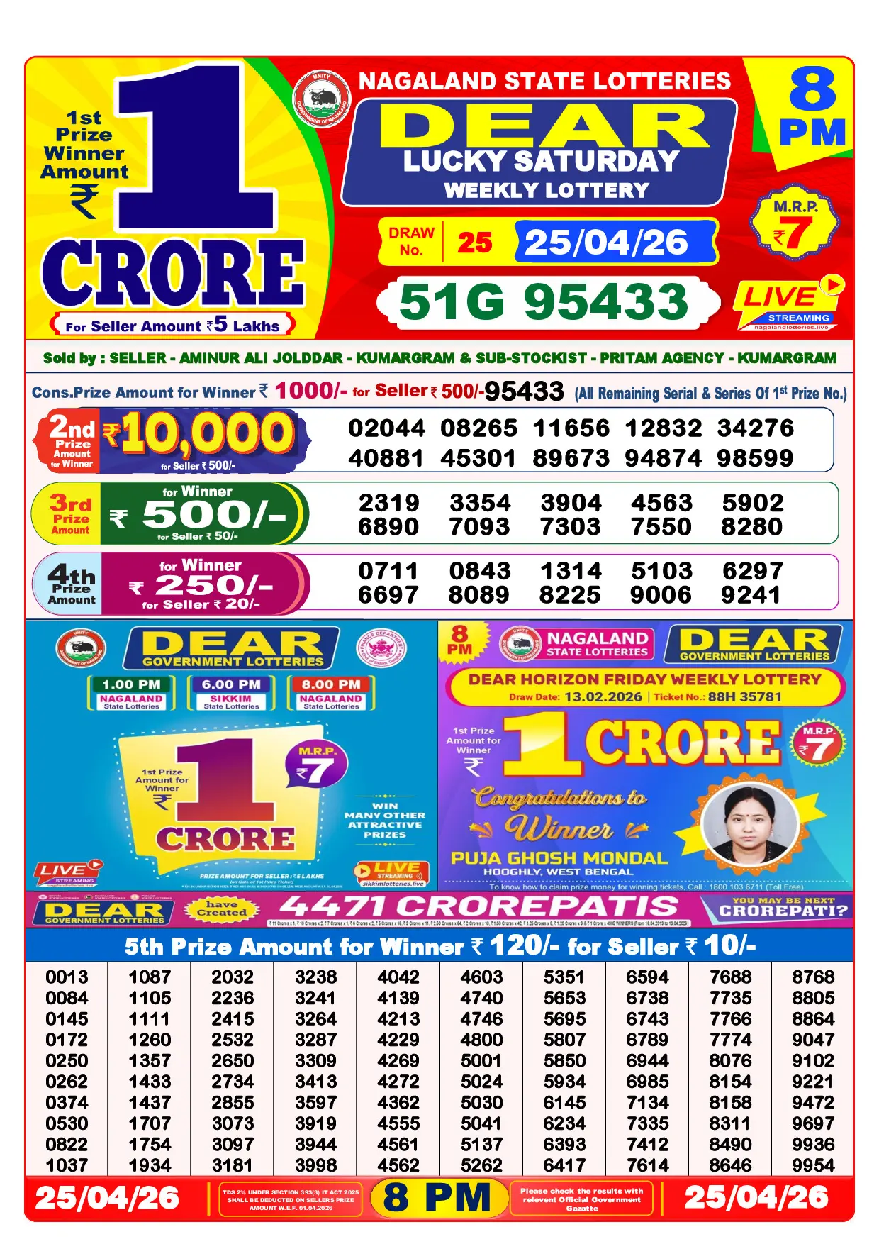 Official Lottery Sambad 8PM LUCKY SATURDAY result sheet for 25 April 2026