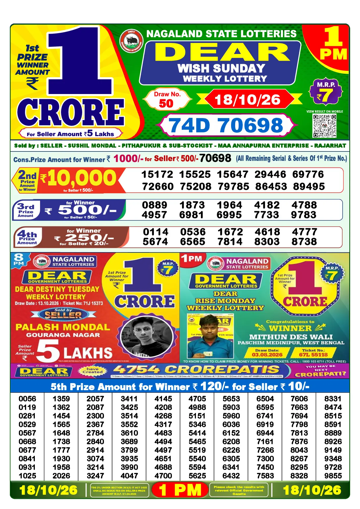 Official Lottery Sambad 1PM WISH SUNDAY result sheet for 18 October 2026