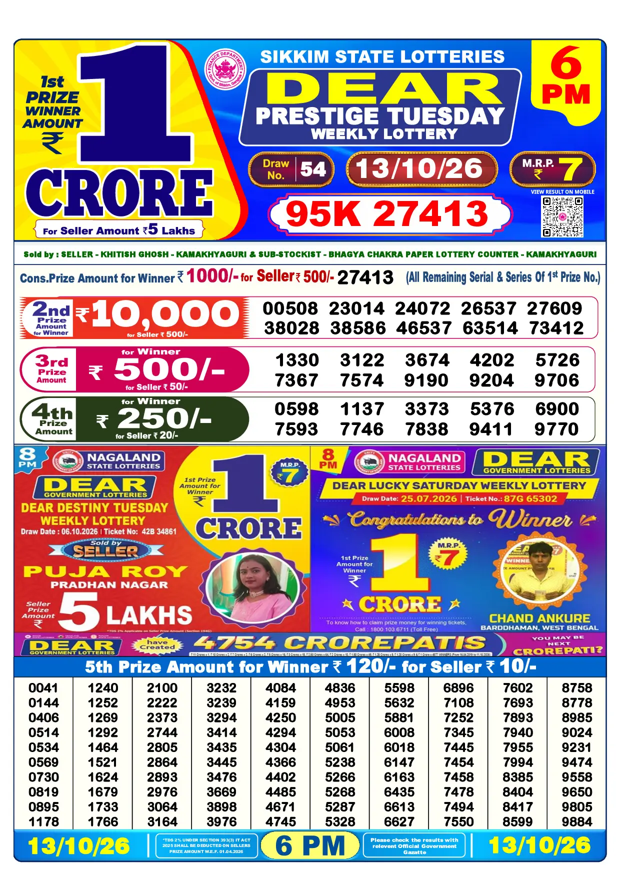 Official Lottery Sambad 6PM PRESTIGE TUESDAY result sheet for 13 October 2026