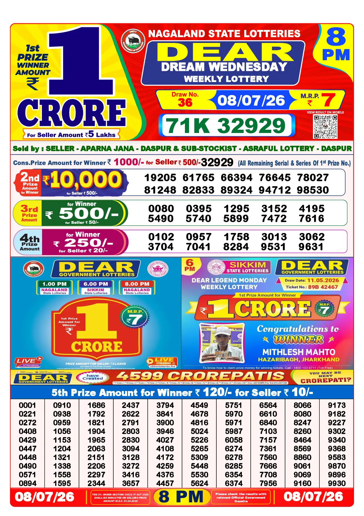 Official Lottery Sambad 8PM DREAM WEDNESDAY result sheet for 8 July 2026