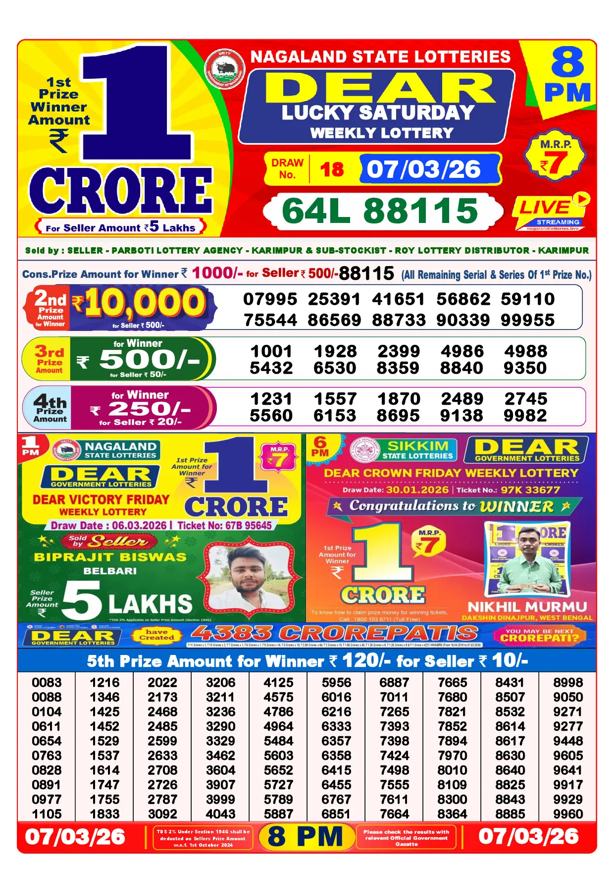 Official Lottery Sambad 8PM LUCKY SATURDAY result sheet for 7 March 2026
