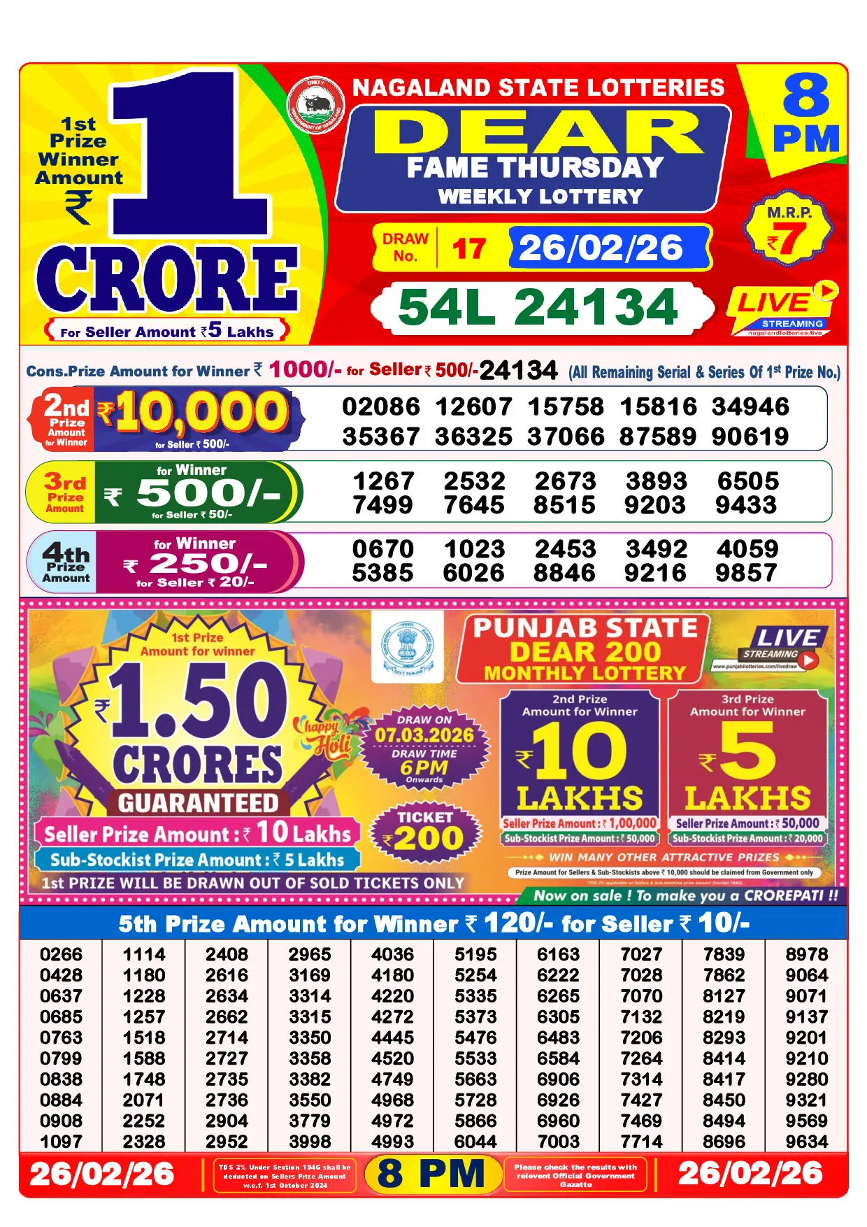 Official Lottery Sambad 8PM FAME THURSDAY result sheet for 26 February 2026