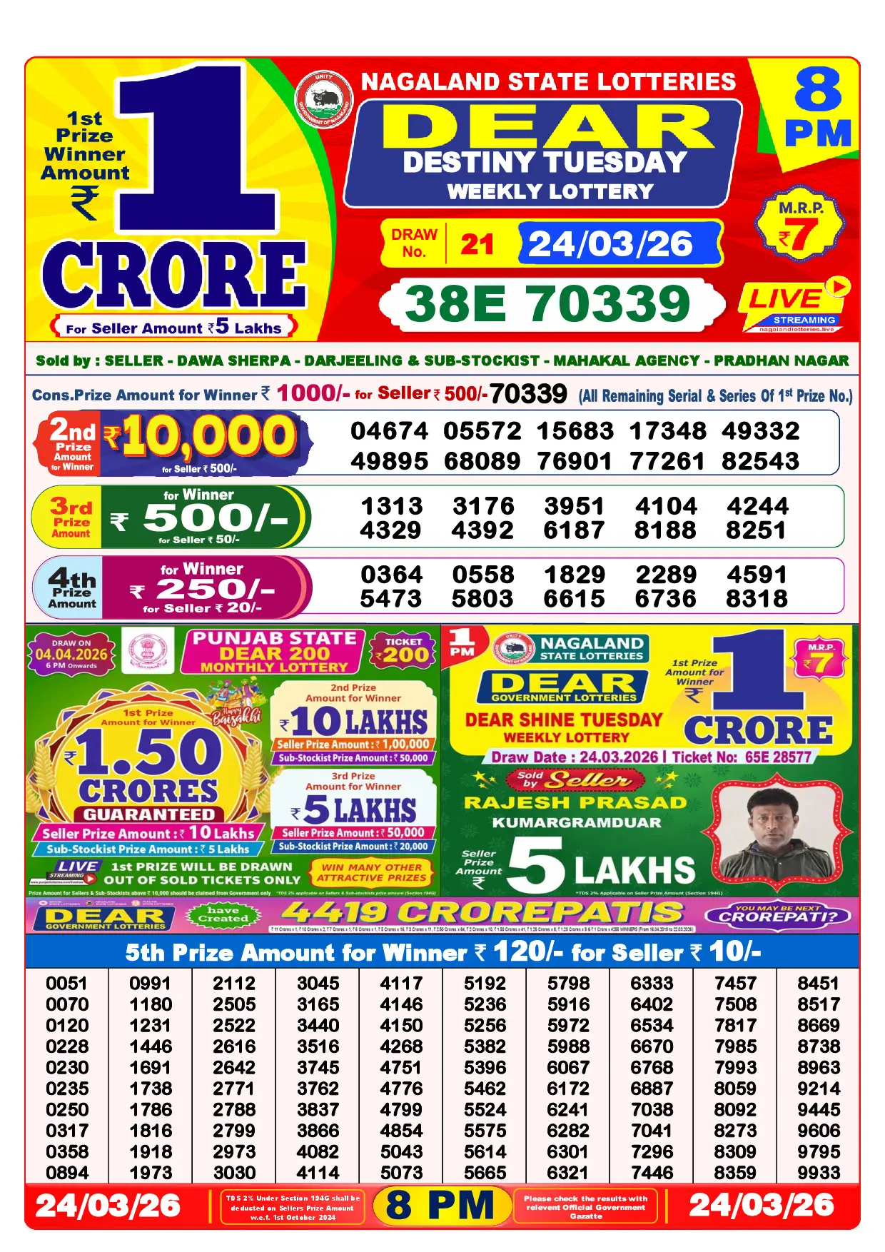 Official Lottery Sambad 8PM DESTINY TUESDAY result sheet for 24 March 2026