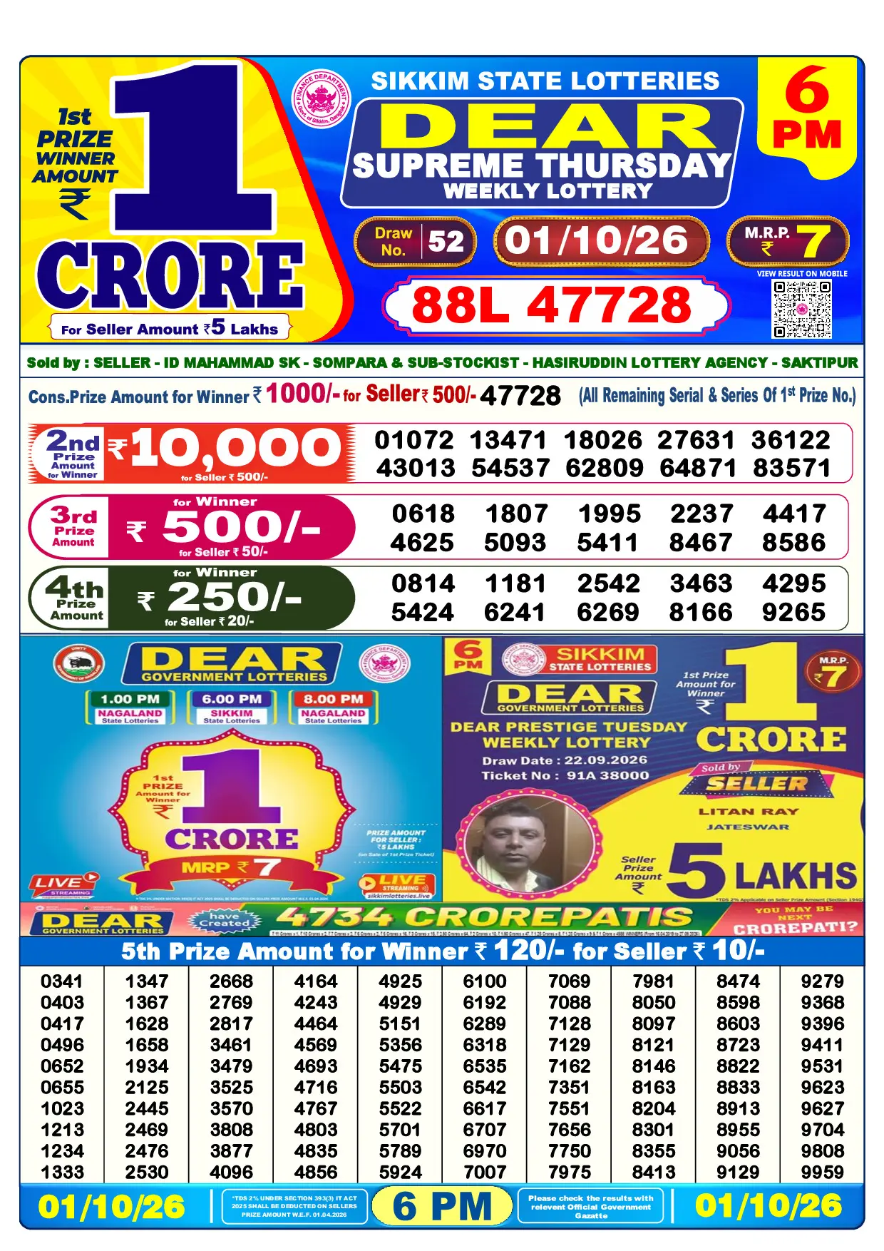 Official Lottery Sambad 6PM SUPREME THURSDAY result sheet for 1 October 2026