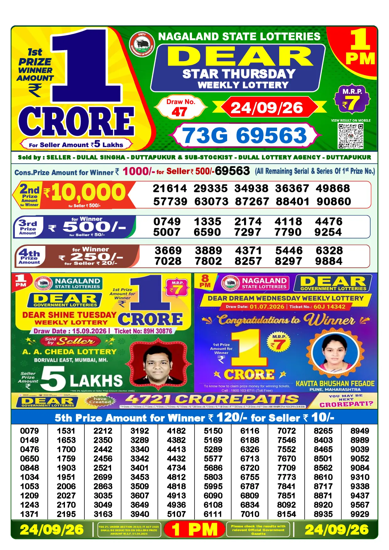 Official Lottery Sambad 1PM STAR THURSDAY result sheet for 24 September 2026