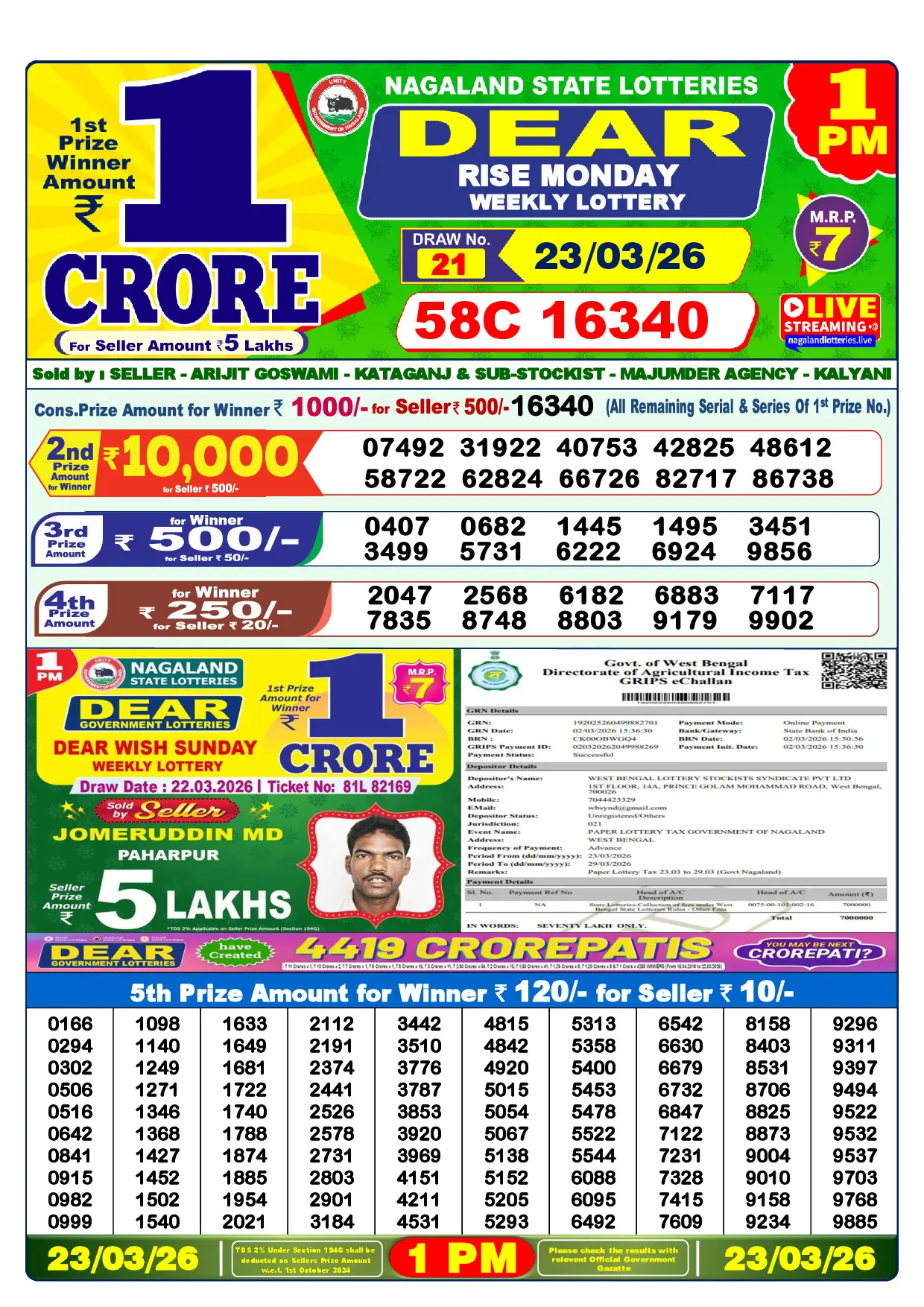 Official Lottery Sambad 1PM RISE MONDAY result sheet for 23 March 2026