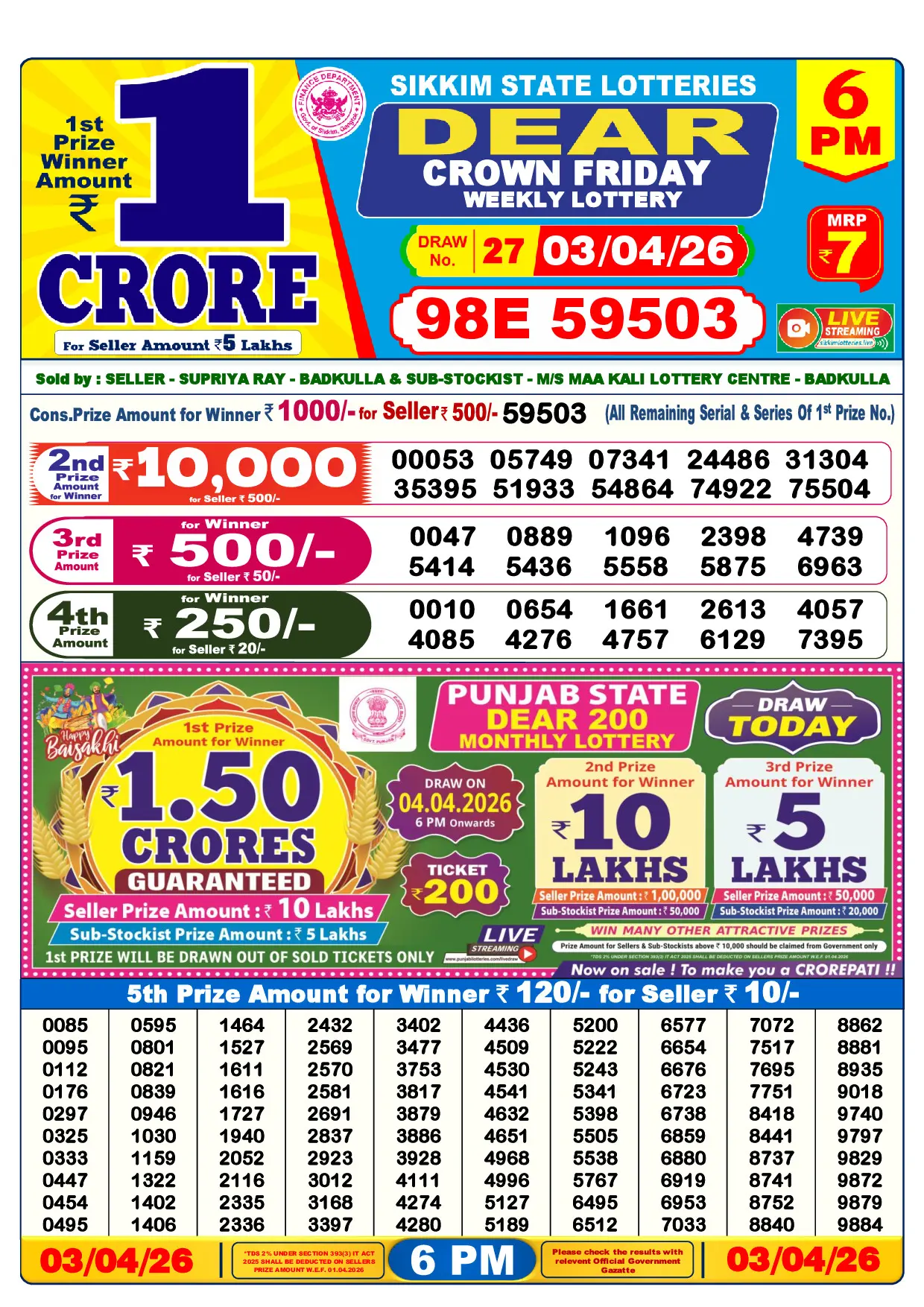 Official Lottery Sambad 6PM CROWN FRIDAY result sheet for 3 April 2026