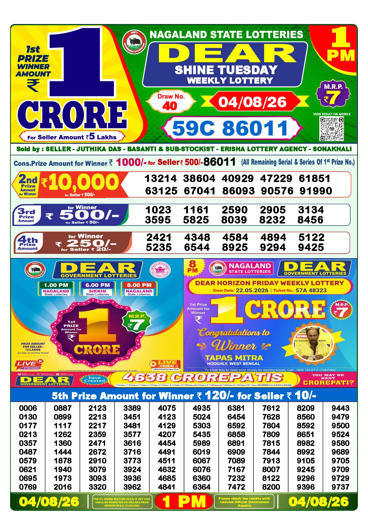 Official Lottery Sambad 1PM SHINE TUESDAY result sheet for 4 August 2026
