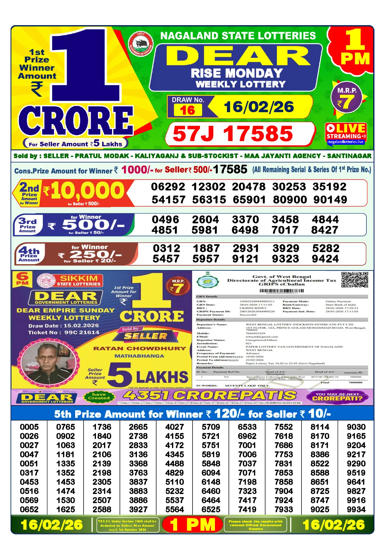 Official Lottery Sambad 1PM RISE MONDAY result sheet for 16 February 2026