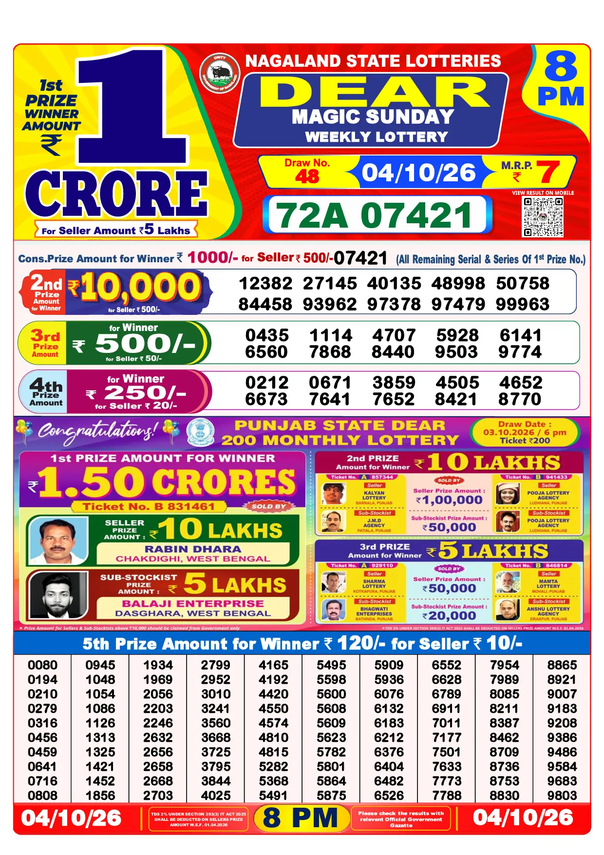 Official Lottery Sambad 8PM MAGIC SUNDAY result sheet for 4 October 2026