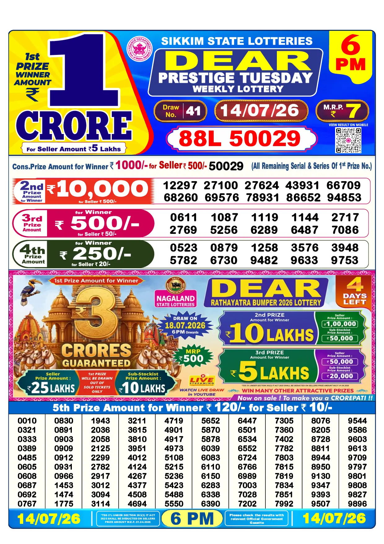 Official Lottery Sambad 6PM PRESTIGE TUESDAY result sheet for 14 July 2026
